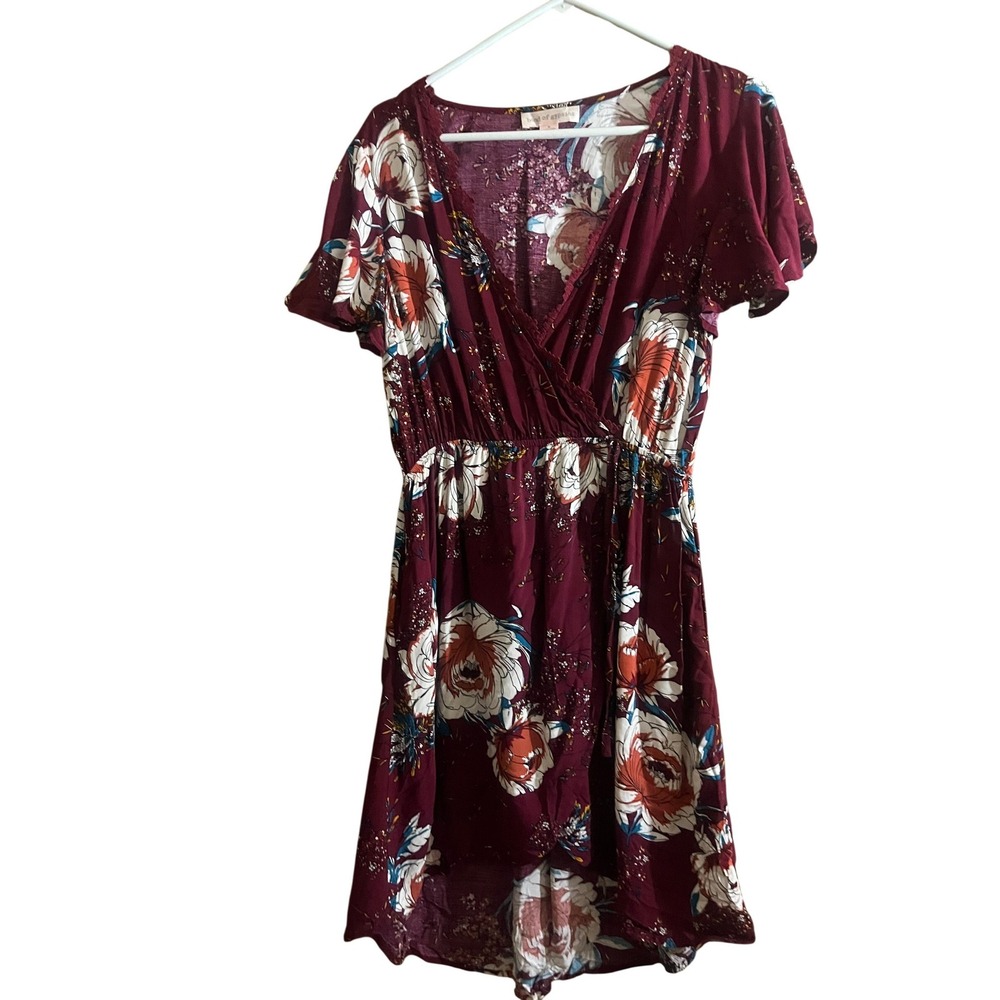 Band of Gypsies Burgundy Floral High-Low Faux Wrap Mini Dress Medium Boho